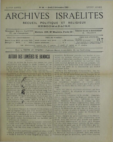 Archives israélites de France. Vol.76 N°48 (02 déc. 1915)